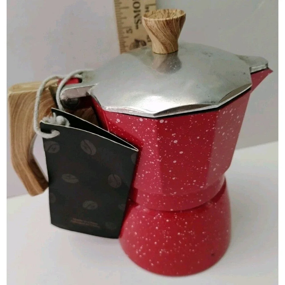 Cibo Stovetop Espresso Maker 3 Cup Red Speckled Moka Pot Wood Handle 6